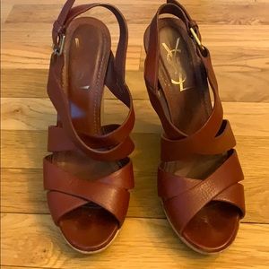 YSL burgundy wedge sandals